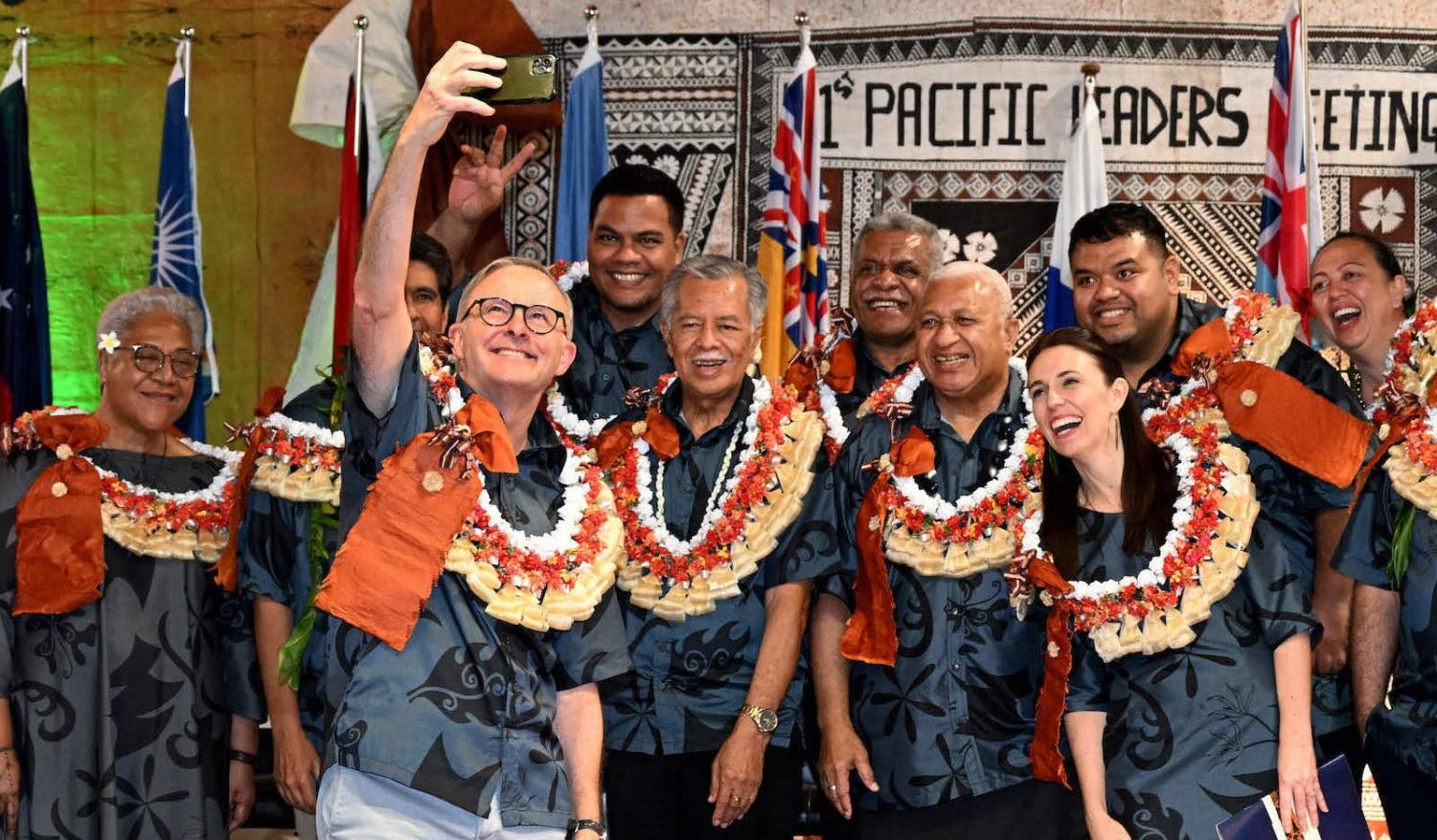 All in the family: Australia’s Prime Minister Anthony Albanese (front) takes a selfie with fellow leaders during the Pacific Islands Forum in Suva, 14 July (William West/AFP via Getty Images)